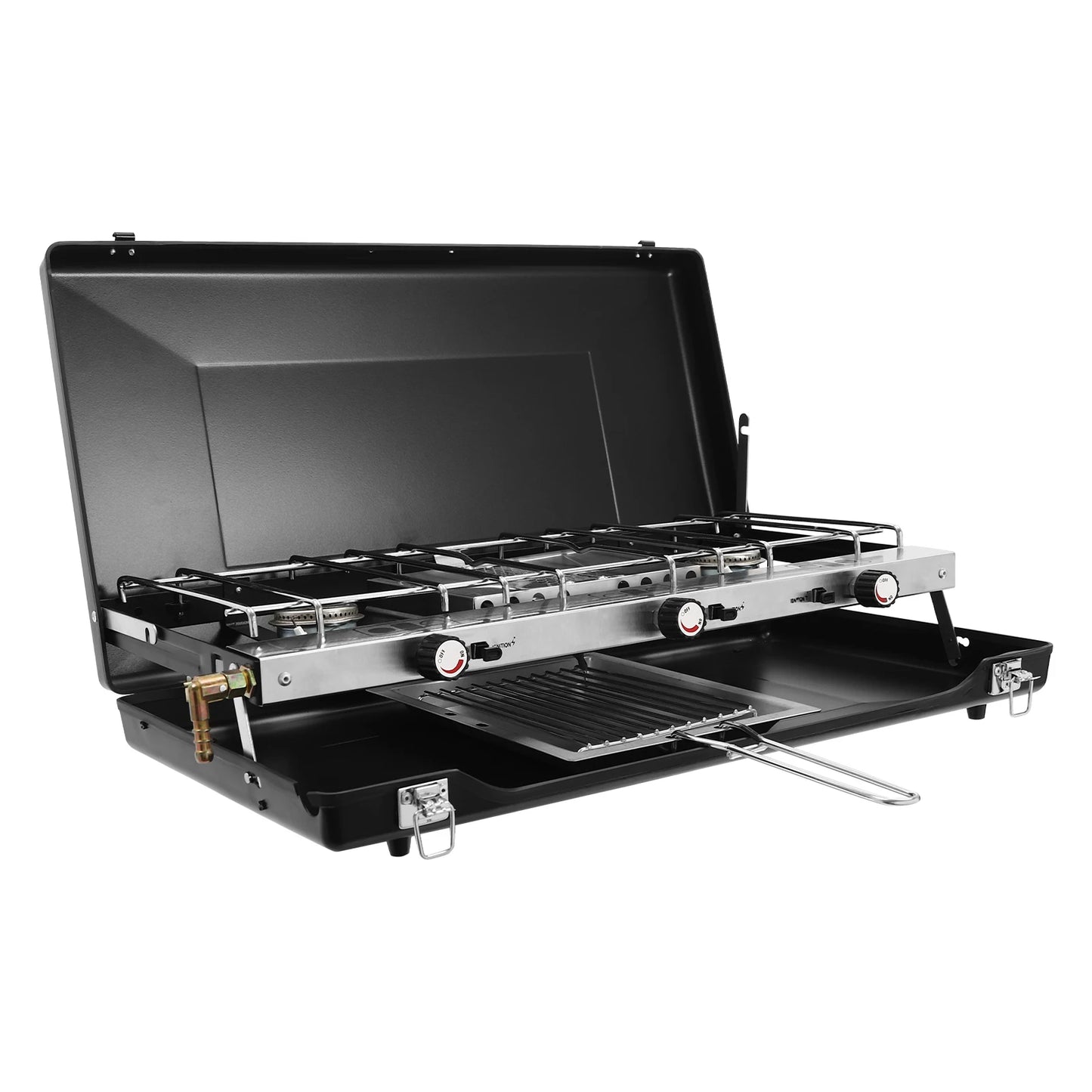 Portable Propane Camping Stove With Griddle And Windshield 3 Burners