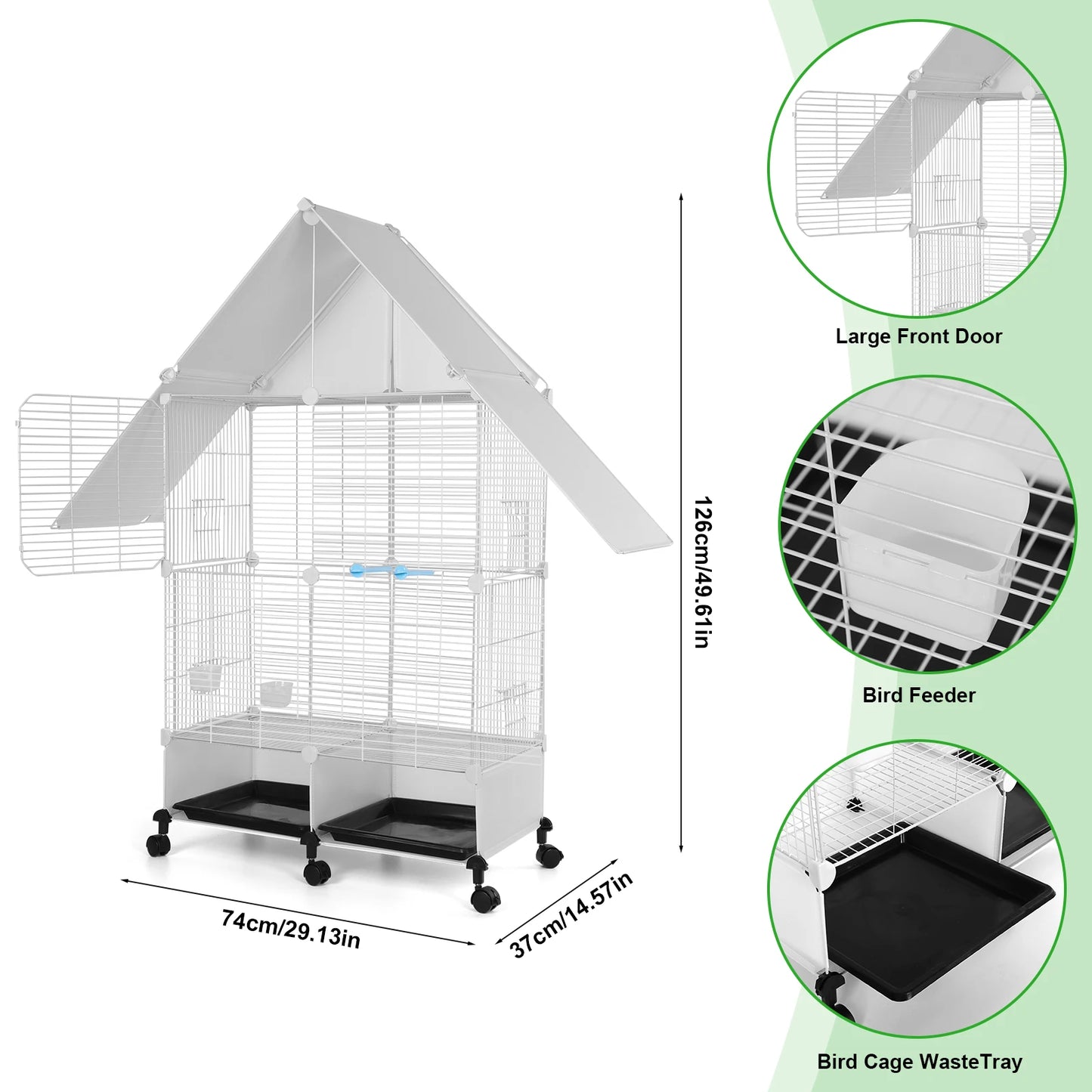 Two-Tier House Shape Iron Bird Cage With Rolling Stand