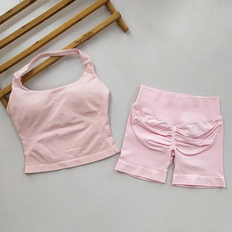 SKINOFSKIN Yoga Two Piece Set Women Backless Halter Tops High Waist Shorts