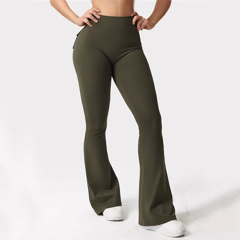 Women's Yoga Flare Trousers With Pockets High-Waisted Wide-Leg