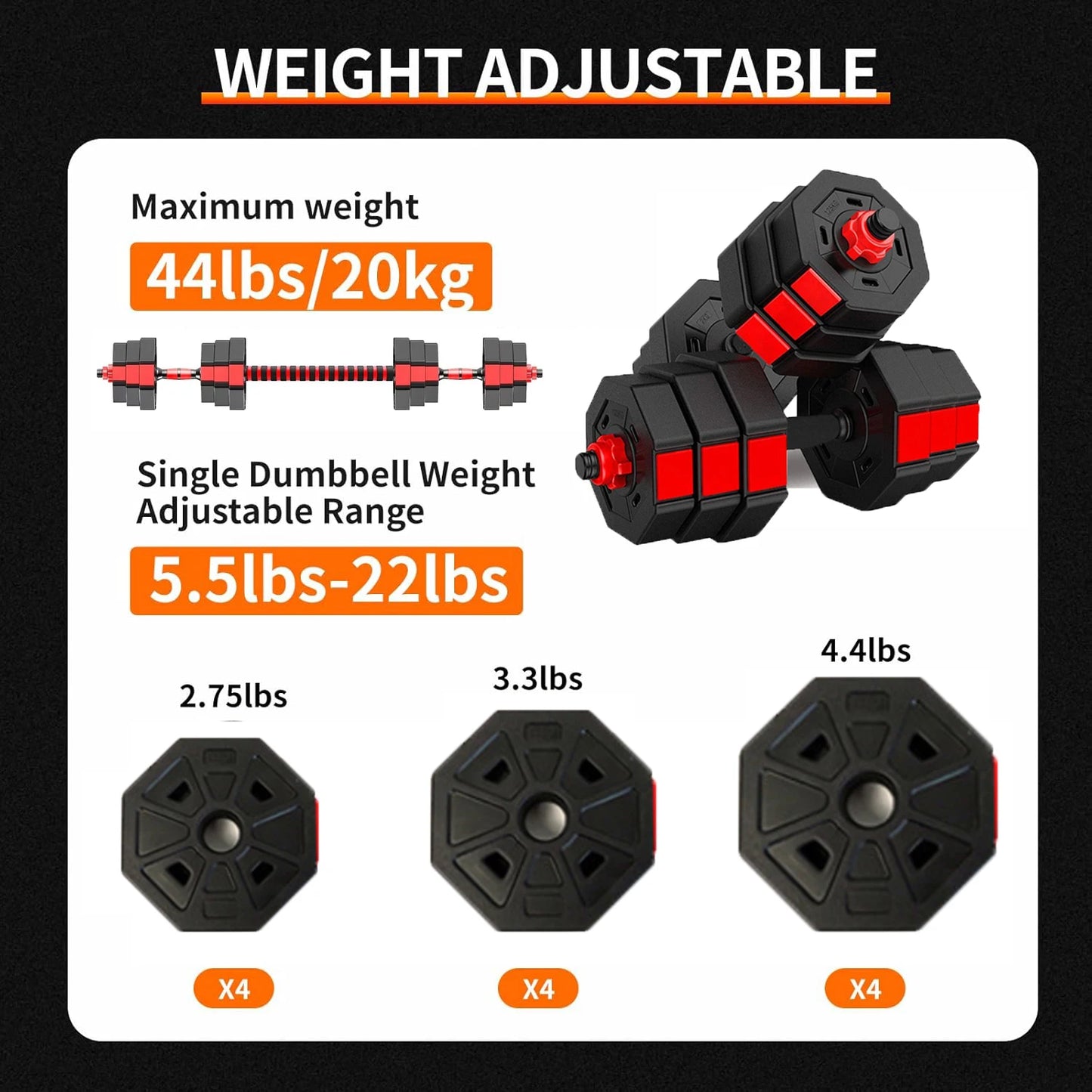 Adjustable Dumbbell to Barbell Fitness Set 44lbs Anti-Slip Grip 3-In-1