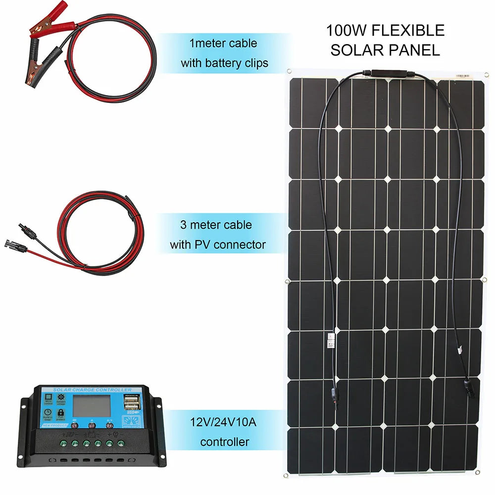 1000w flexible solar panel 12v 24v panel solar 100w monocrystalline  battery charger for rv electric car camping yacht