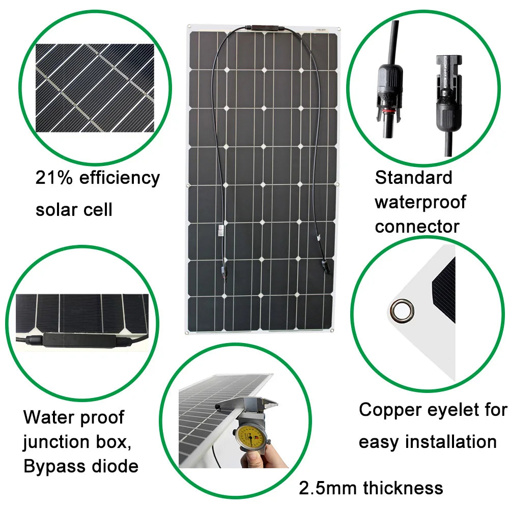 1000w flexible solar panel 12v 24v panel solar 100w monocrystalline  battery charger for rv electric car camping yacht