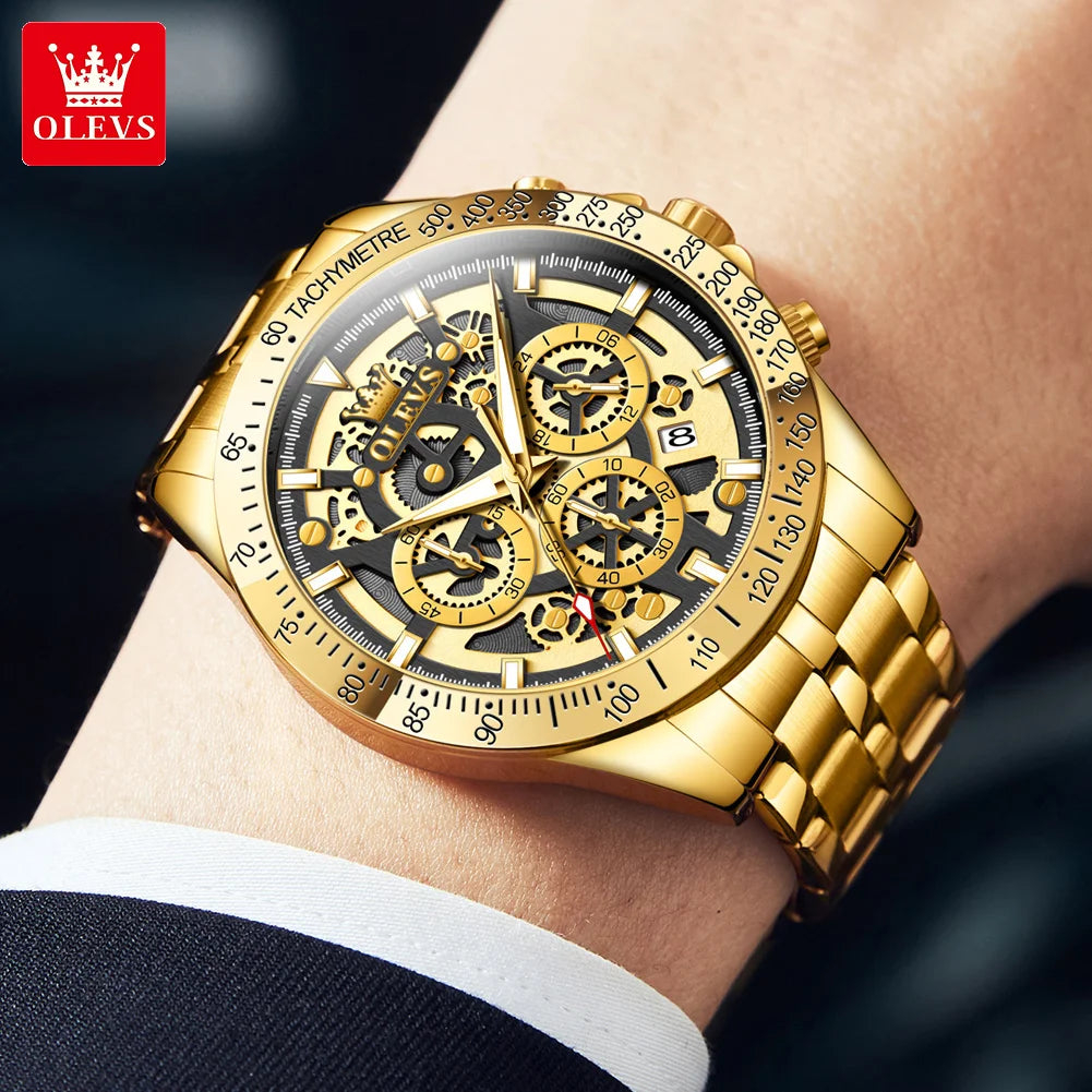 OLEVS Luxury Skeleton Chronograph Stainless Steel Mens Watch