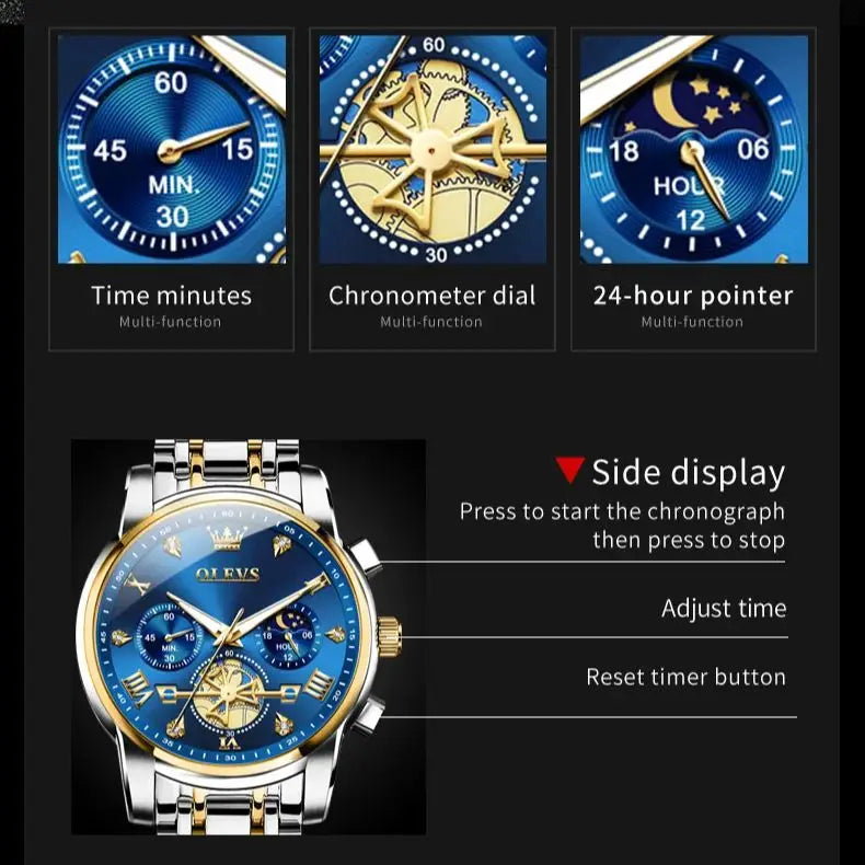 OLEVS Men's Flywheel Skeleton Chronograph Moon Phase Watch