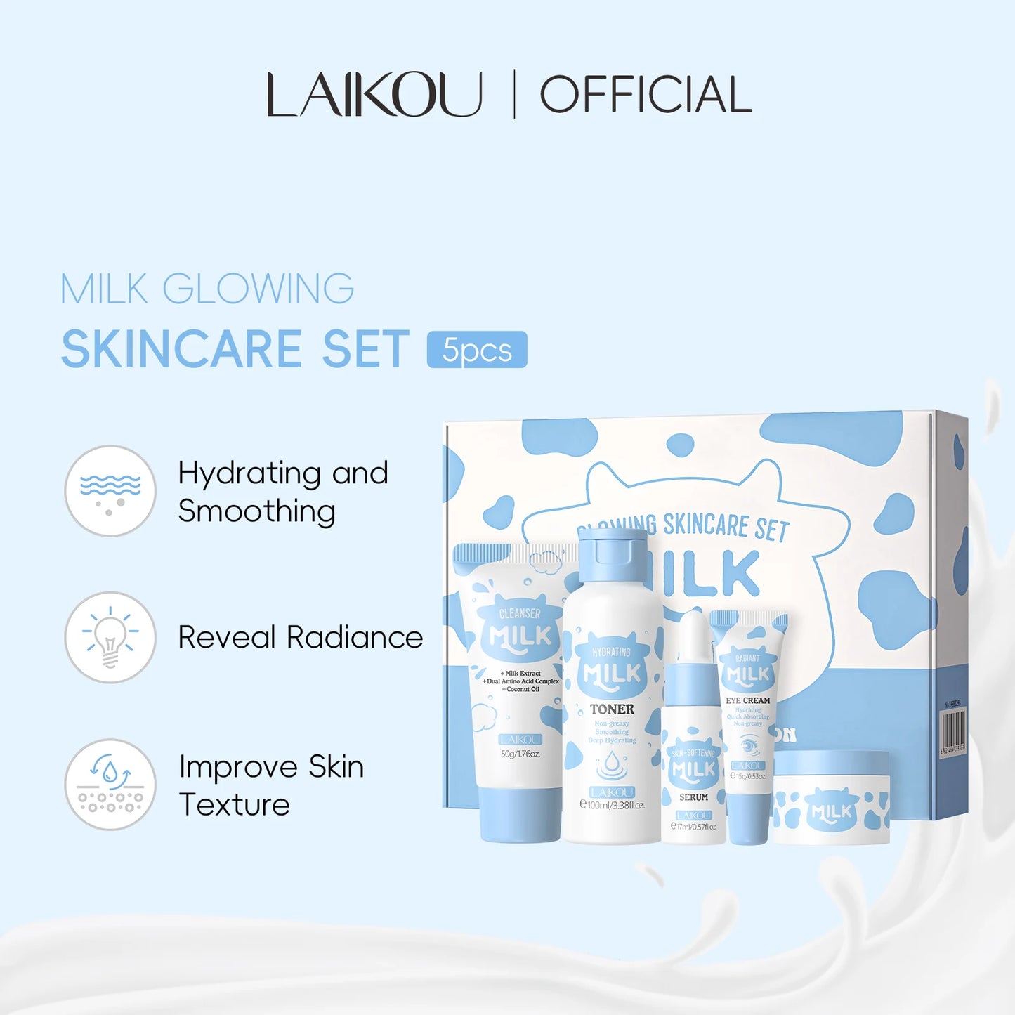 LAIKOU Milk Glow Skincare Set Hydrating Brightening Anti Aging Kit
