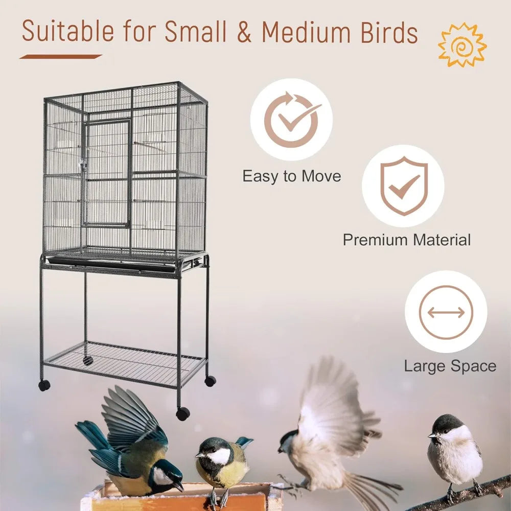 NONECN Rolling Metal Bird Cage Feeder Detachable Stand And Shelf