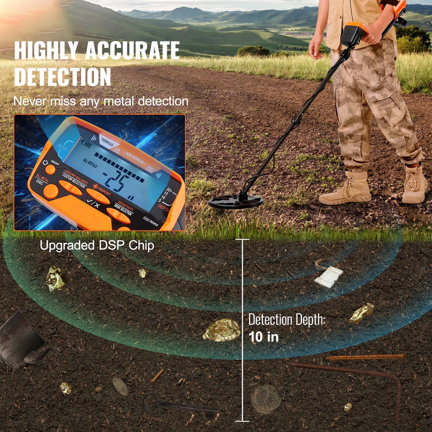 SucceBuy Metal Detector With LCD Display 7 Modes Adjustable Shaft