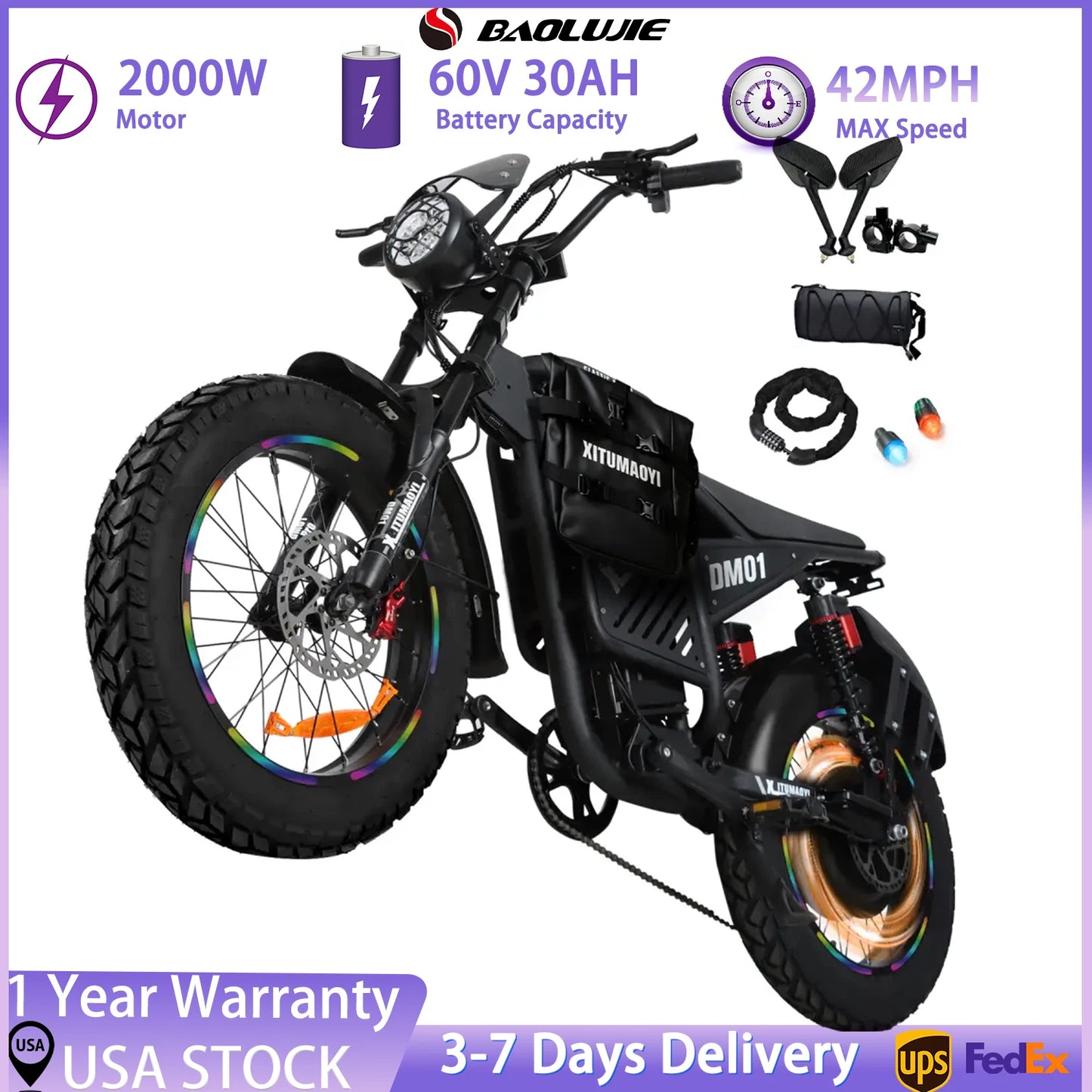 Baolujie DM01 Electric Bike 2000W 60V 30Ah Battery