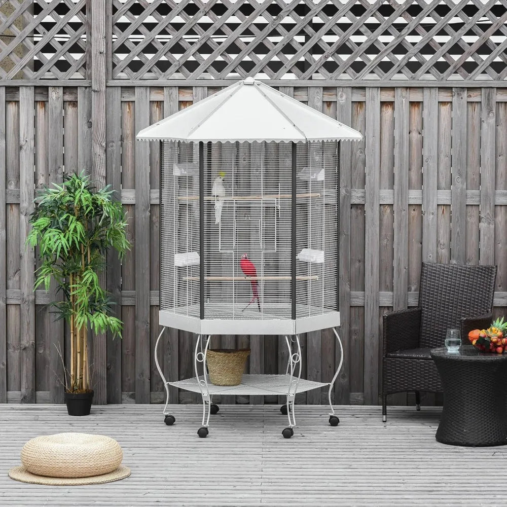 Hexagon Covered Canopy Portable Aviary Cage With Storage