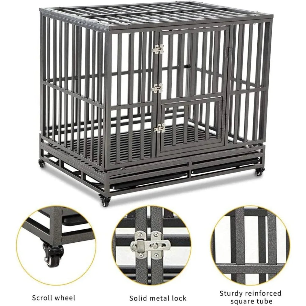 Heavy Duty Dog Cage Kennel With Four Wheels For Mobility