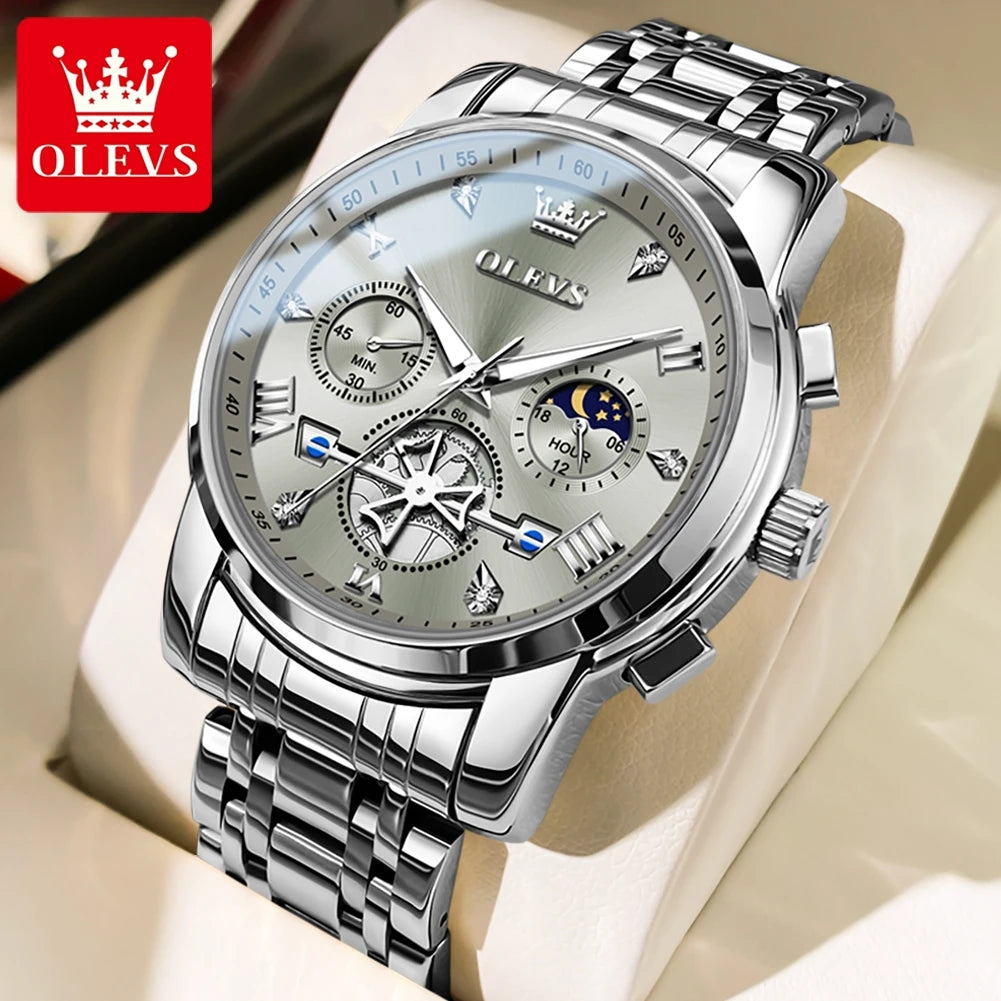 OLEVS Men's Flywheel Skeleton Chronograph Moon Phase Watch