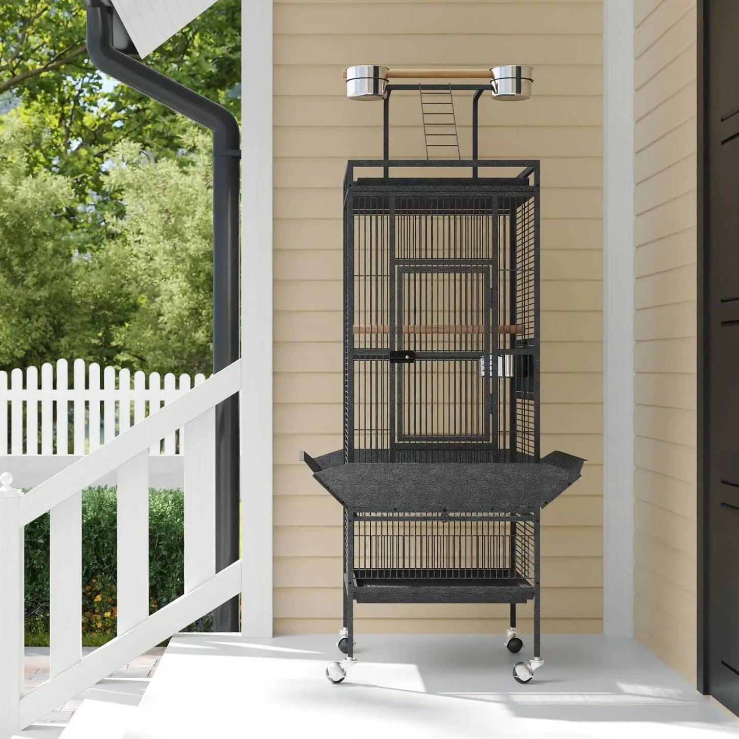 HiMISSCN Wrought Iron Parrot Bird Cage With Rooftop Playground Casters