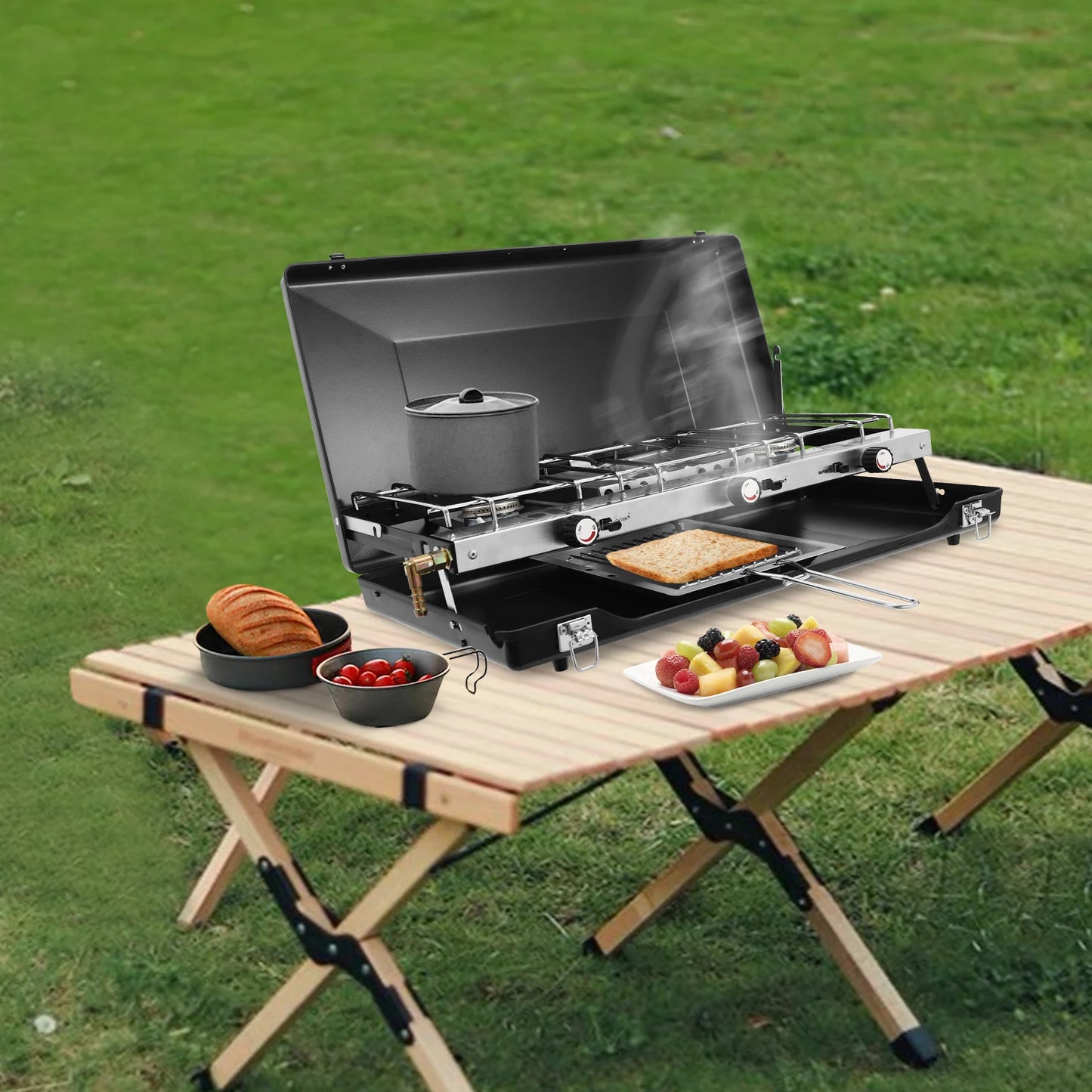 Portable Propane Camping Stove With Griddle And Windshield 3 Burners