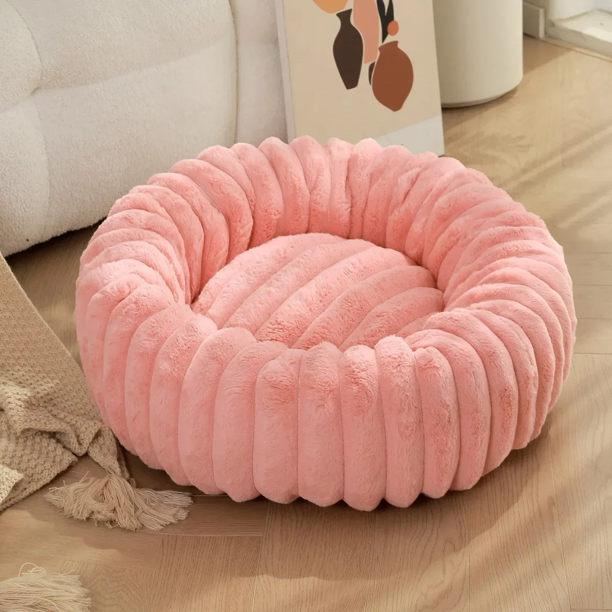 Super Soft Long Plush Round Pet Bed for Dogs and Cats, Winter Warm Design