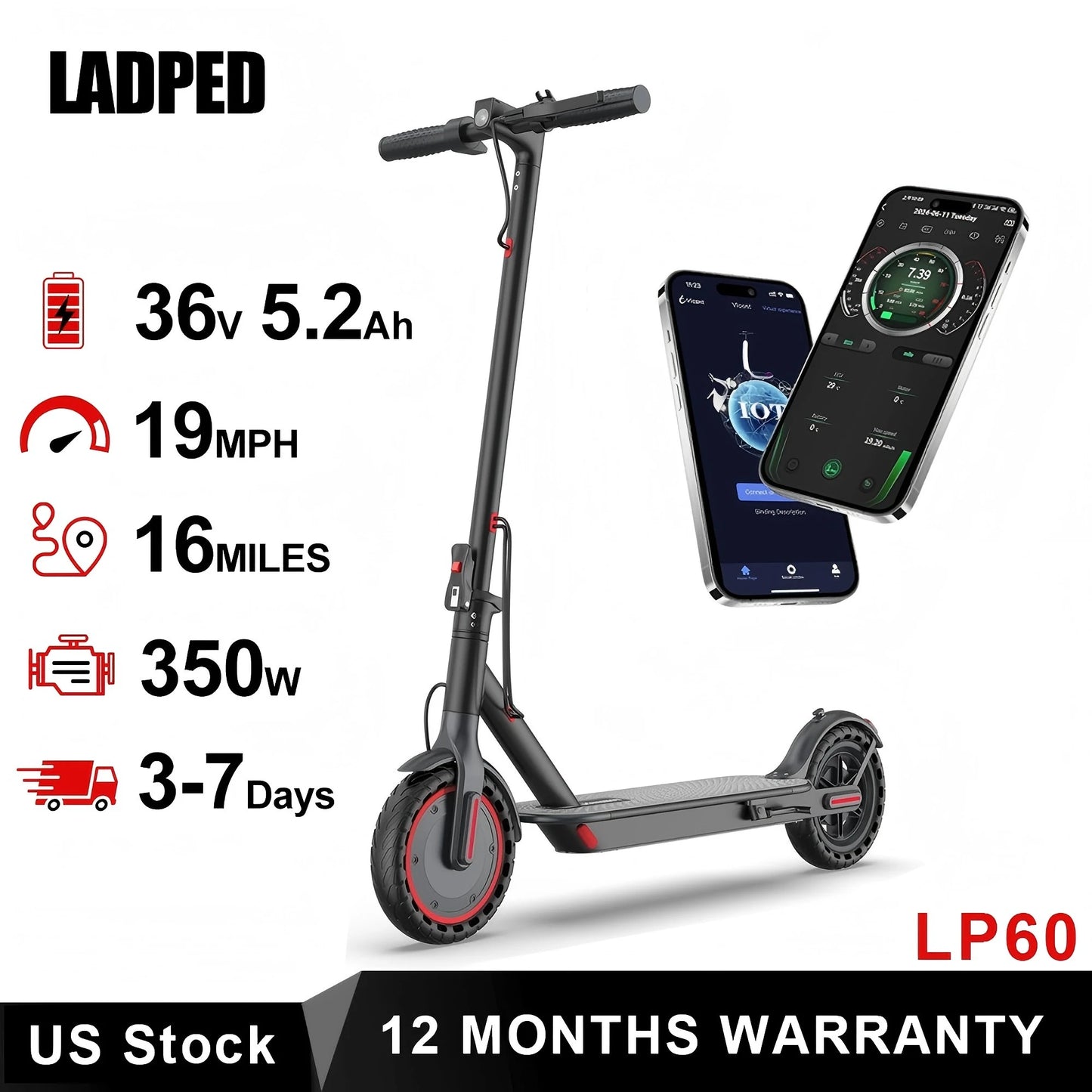 Ladped LP60 Electric Scooter 350W Folding 19 MPH 16Miles