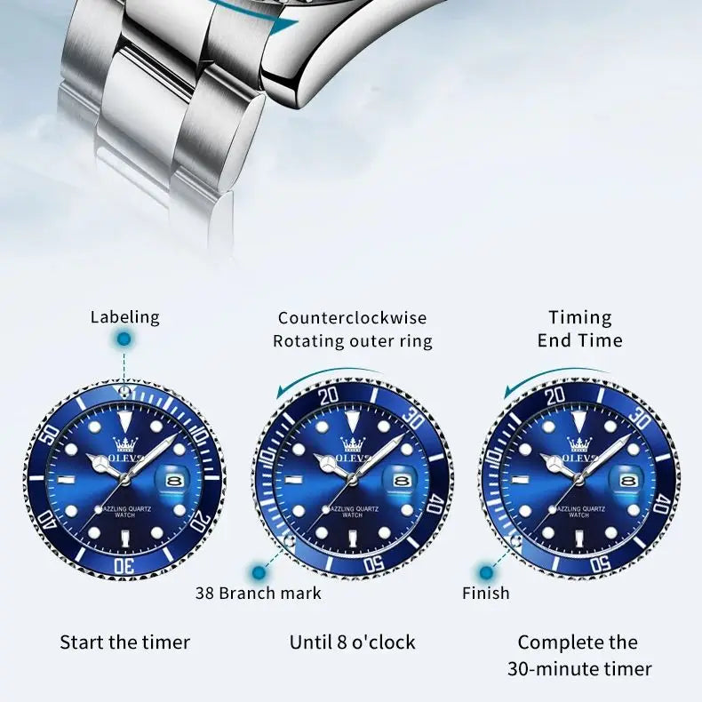 OLEVS 5885 Men's Diving Quartz Watch Stainless Steel