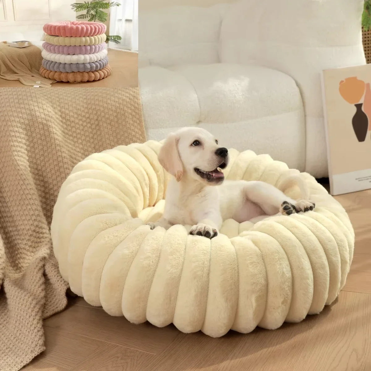 Super Soft Long Plush Round Pet Bed for Dogs and Cats, Winter Warm Design