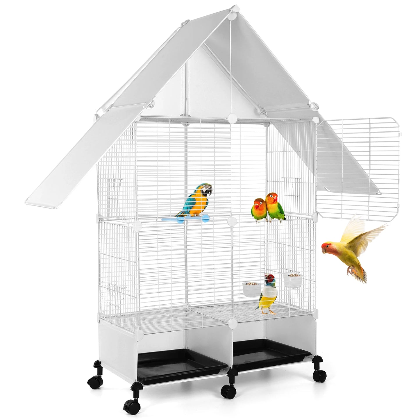 Two-Tier House Shape Iron Bird Cage With Rolling Stand
