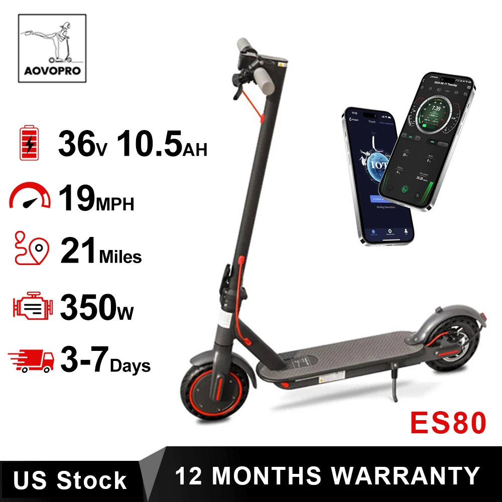 AOVOPRO ES80 350W Electric Scooter 10.5Ah 19mph Max Speed Smart APP Control 21miles Max Range Foldable E-Scooter for Adult