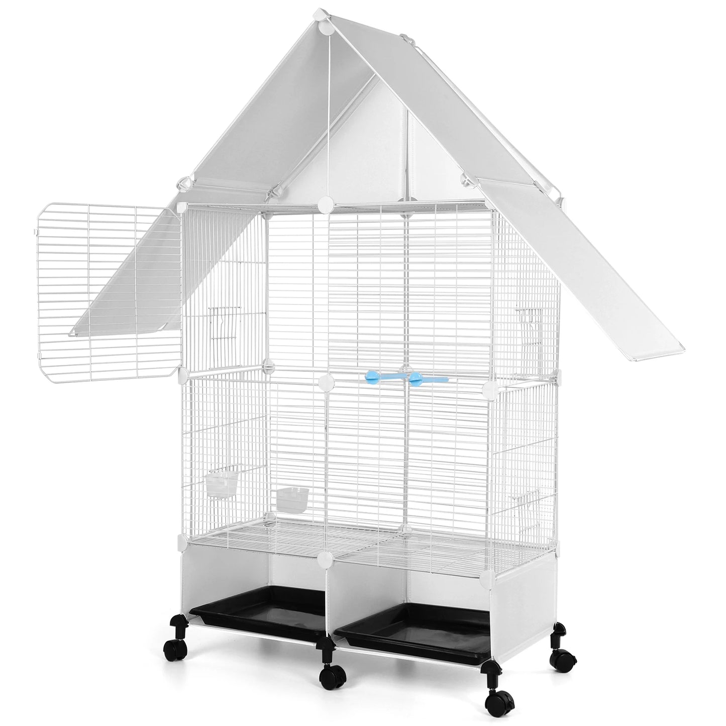 Two-Tier House Shape Iron Bird Cage With Rolling Stand