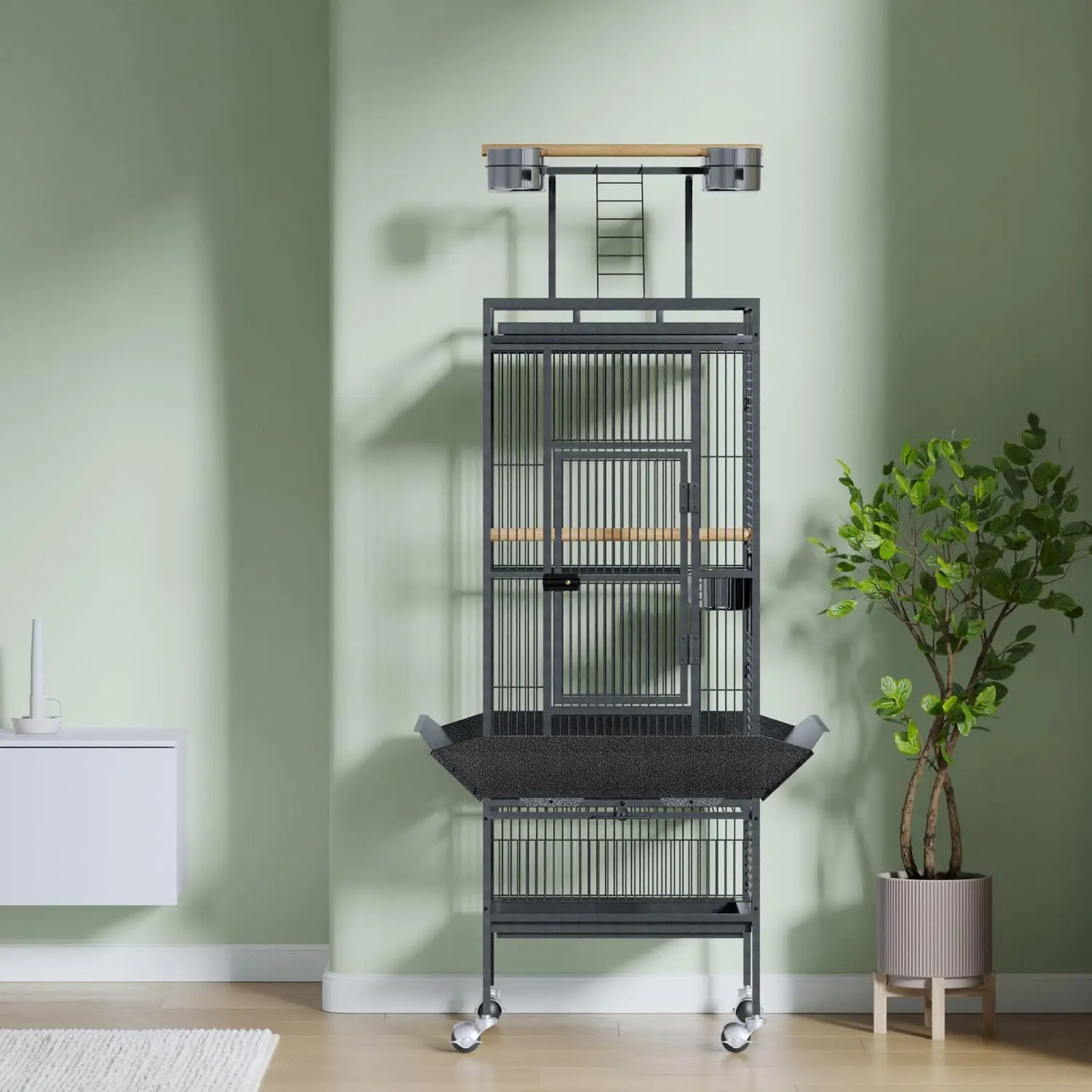 HiMISSCN Wrought Iron Parrot Bird Cage With Rooftop Playground Casters