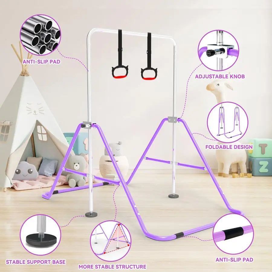 XMSJ Kids Gymnastics Bar Rings Height Adjustable Foldable Home Gym