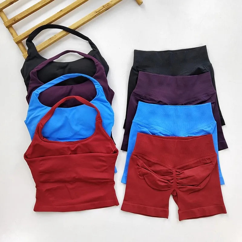 SKINOFSKIN Yoga Two Piece Set Women Backless Halter Tops High Waist Shorts