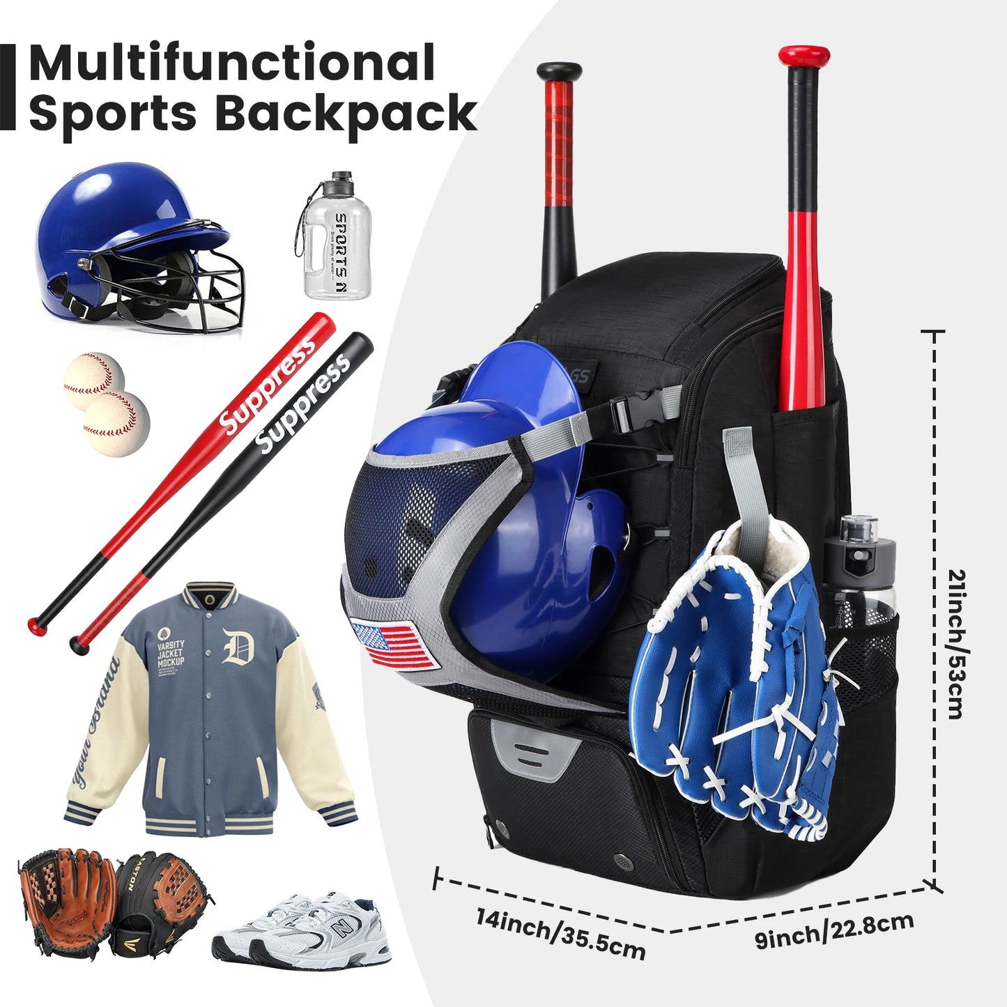 YH GSCN Baseball Backpack With Shoe Compartment Large Capacity