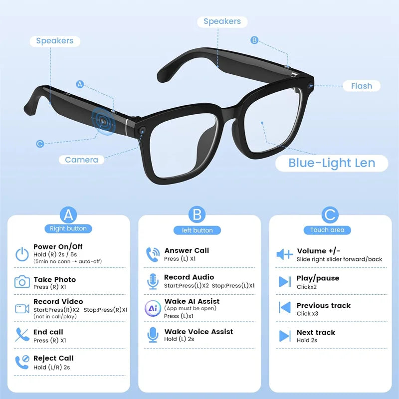 AI Smart Glasses With 4K Video Translator Bluetooth 5.3 Sunglasses