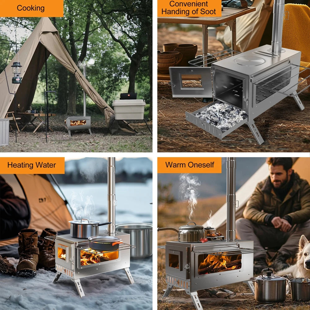 Stainless Steel Portable Camping Wood Burning Stove With Chimney Pipes