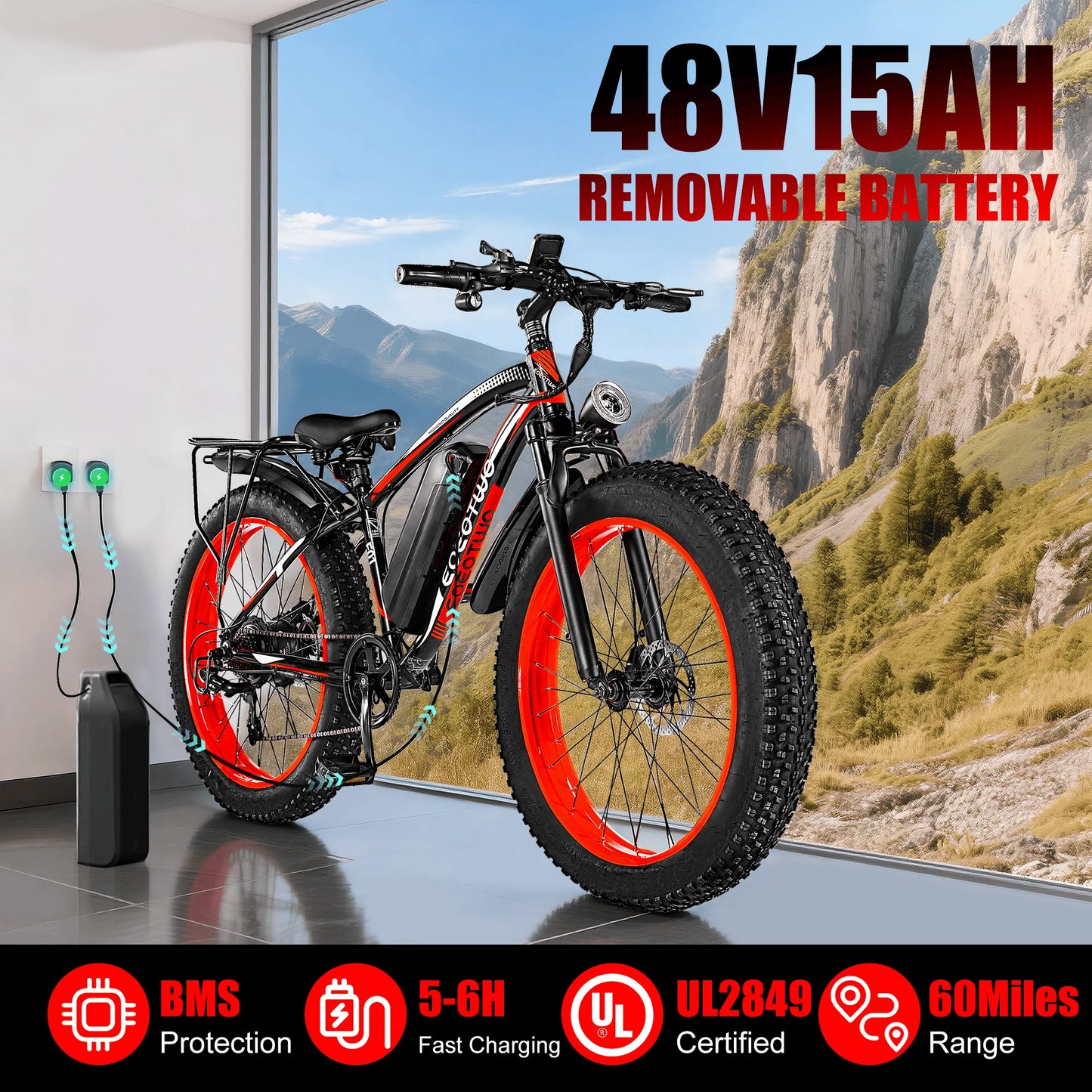 EOEOTWO E01 Electric Fat Tire Bike 34 MPH 1500W Peak Motor