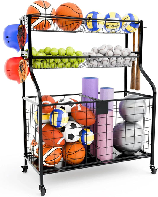 Sports Equipment Garage Organizer Ball Storage Cart Steel