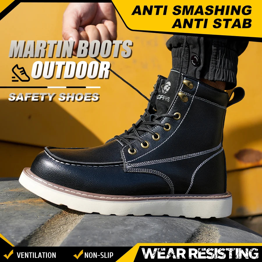 Men's Two-Layer Cowhide High-Top Anti-Puncture Anti-Smash Safety Shoes