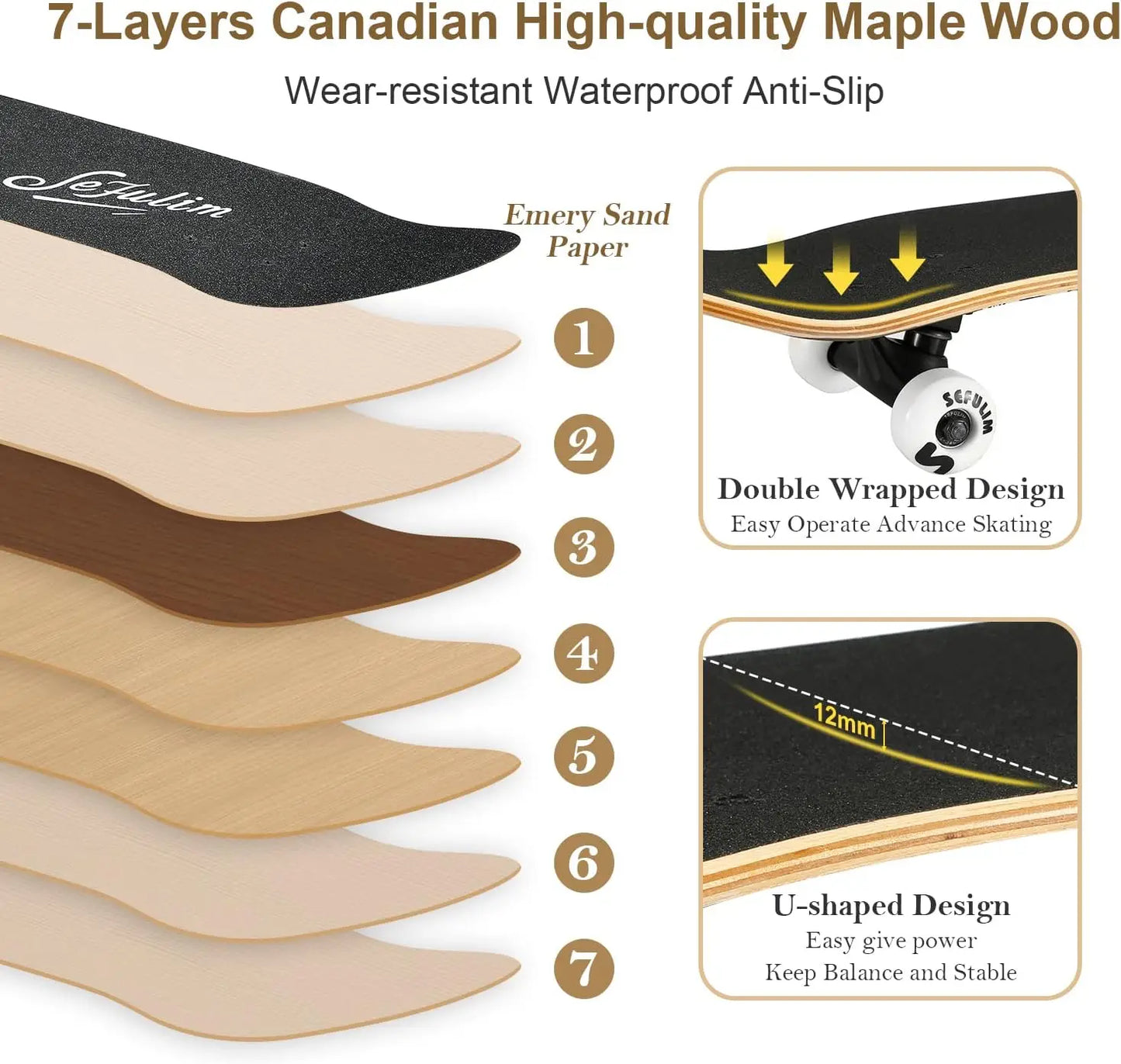 Complete Skateboard With Double Kick Deck 7 Layer Maple