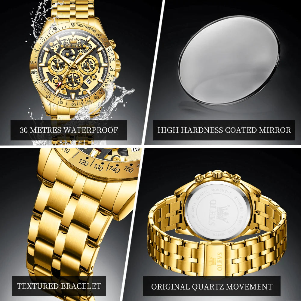 OLEVS Luxury Skeleton Chronograph Stainless Steel Mens Watch