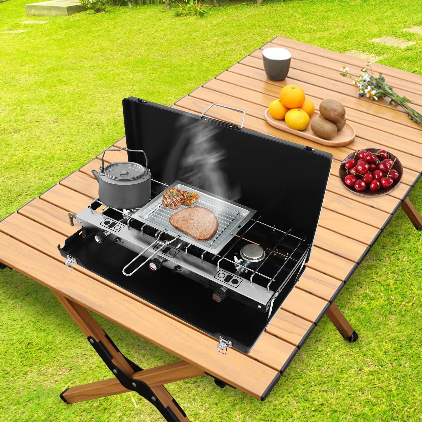 Portable Propane Camping Stove With Griddle And Windshield 3 Burners