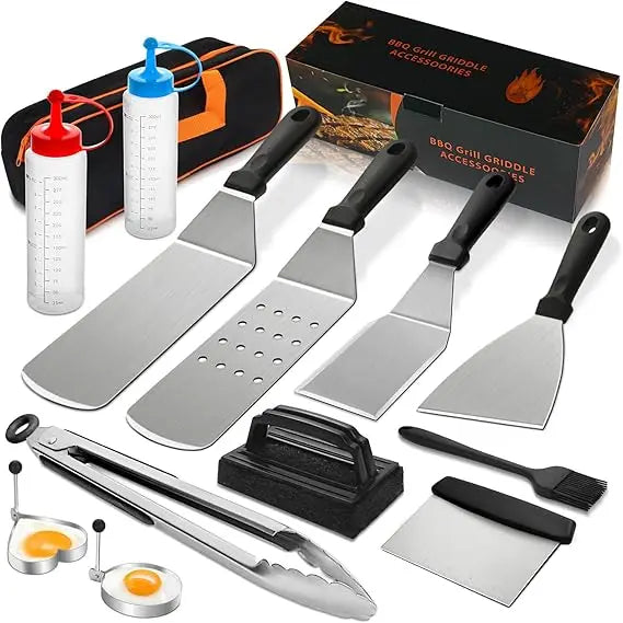14PCS Griddle Accessories Kit, Flat Top Grill Accessories Set for Blackstone and Camp Chef, Grill Spatula Set with Enlarged Spat