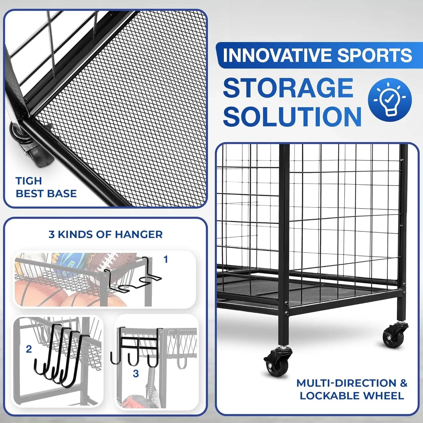 Sports Equipment Garage Organizer Ball Storage Cart Steel
