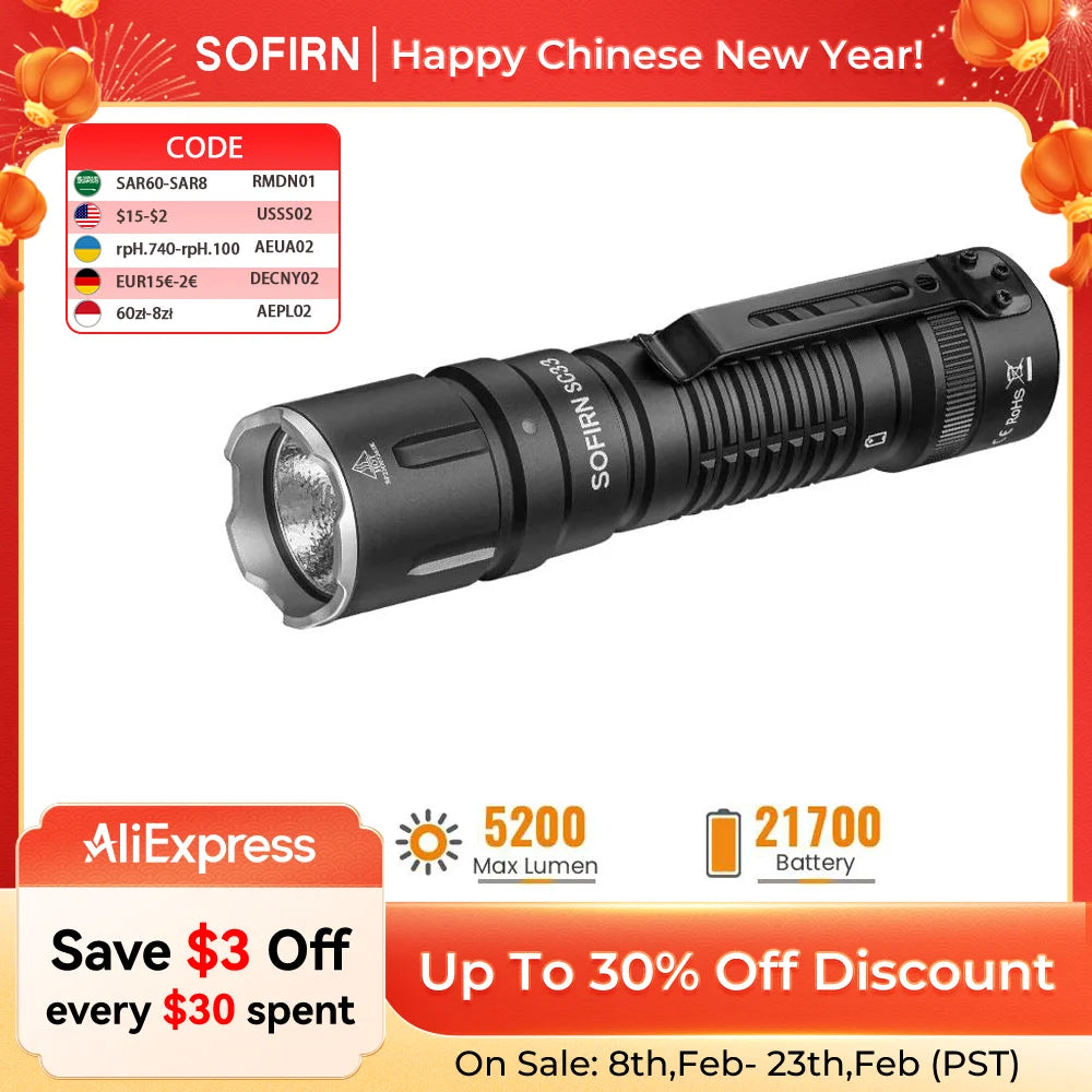 Sofirn SC33 LED Tactical Flashlight XHP70.3 5200lm Rechargeable 21700