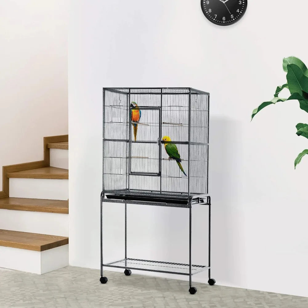 NONECN Rolling Metal Bird Cage Feeder Detachable Stand And Shelf