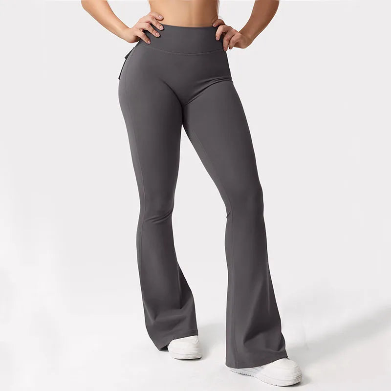 Women's Yoga Flare Trousers With Pockets High-Waisted Wide-Leg