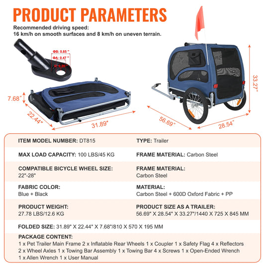 Pet Bicycle Trailer For Dogs With Coupler And Reflectors