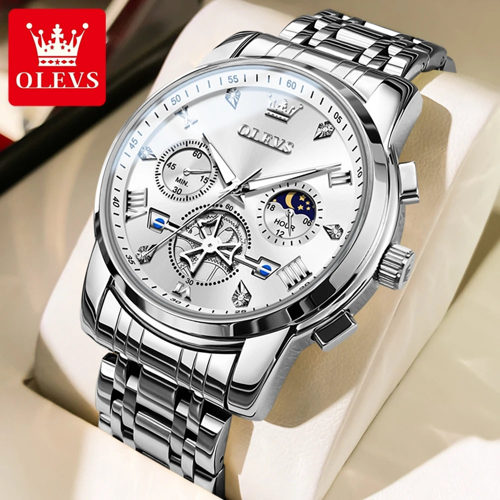 OLEVS Men's Flywheel Skeleton Chronograph Moon Phase Watch