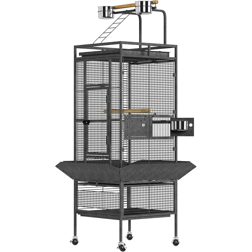 HiMISSCN Wrought Iron Parrot Bird Cage With Rooftop Playground Casters