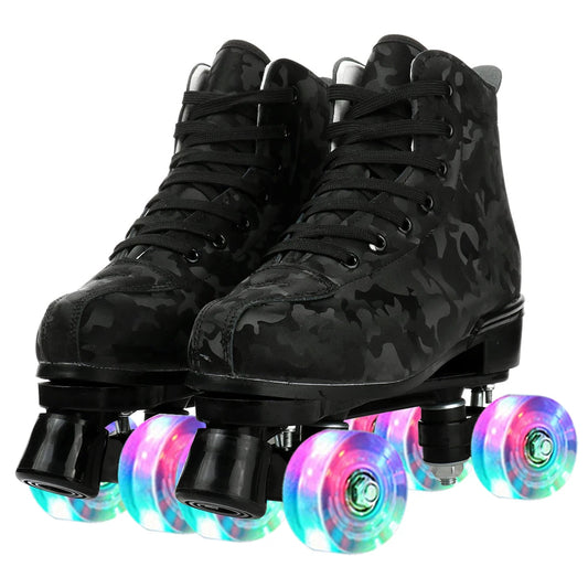 YYW PU Leather Roller Skates For Women With Flash Wheels