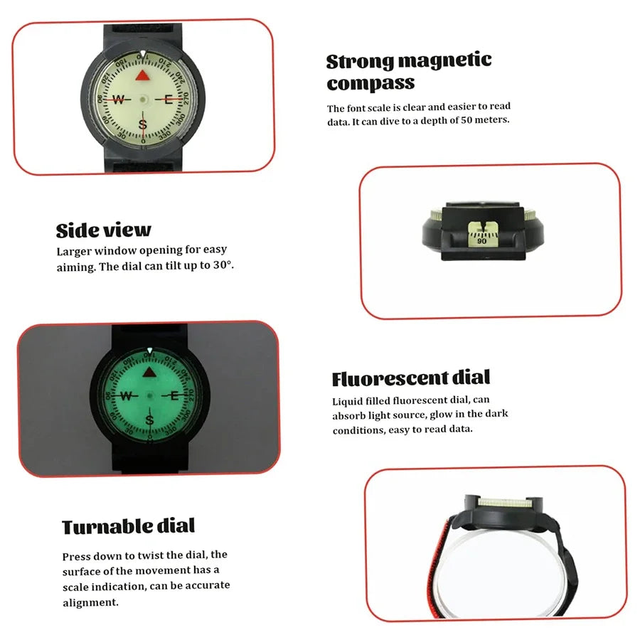 Professional Diving Compass Watch Waterproof Night Light For Outdoors