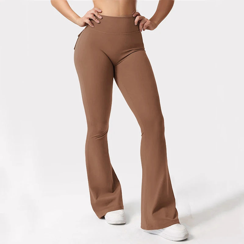 Women's Yoga Flare Trousers With Pockets High-Waisted Wide-Leg