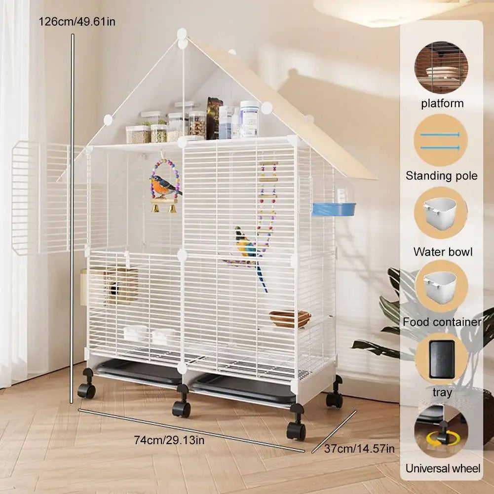 Two-Tier House Shape Iron Bird Cage With Rolling Stand