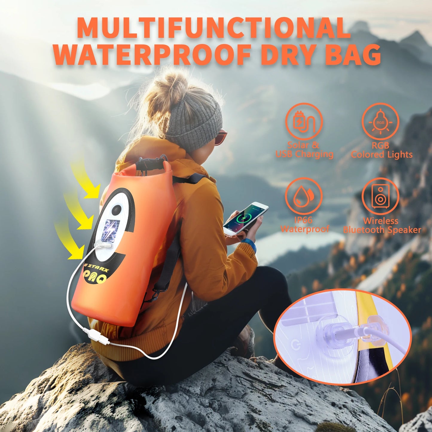 Selorss Solar Powered Waterproof Hiking Backpack With Bluetooth Speaker